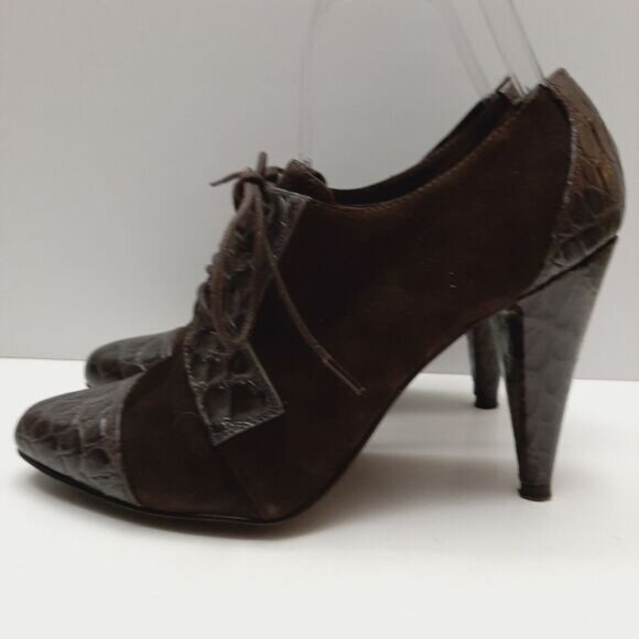 REBECCA BLUE Lace-up High Cone Heels Suede & Patent Leather Shoes Sz 7.5 Eur 38 - Picture 8 of 16